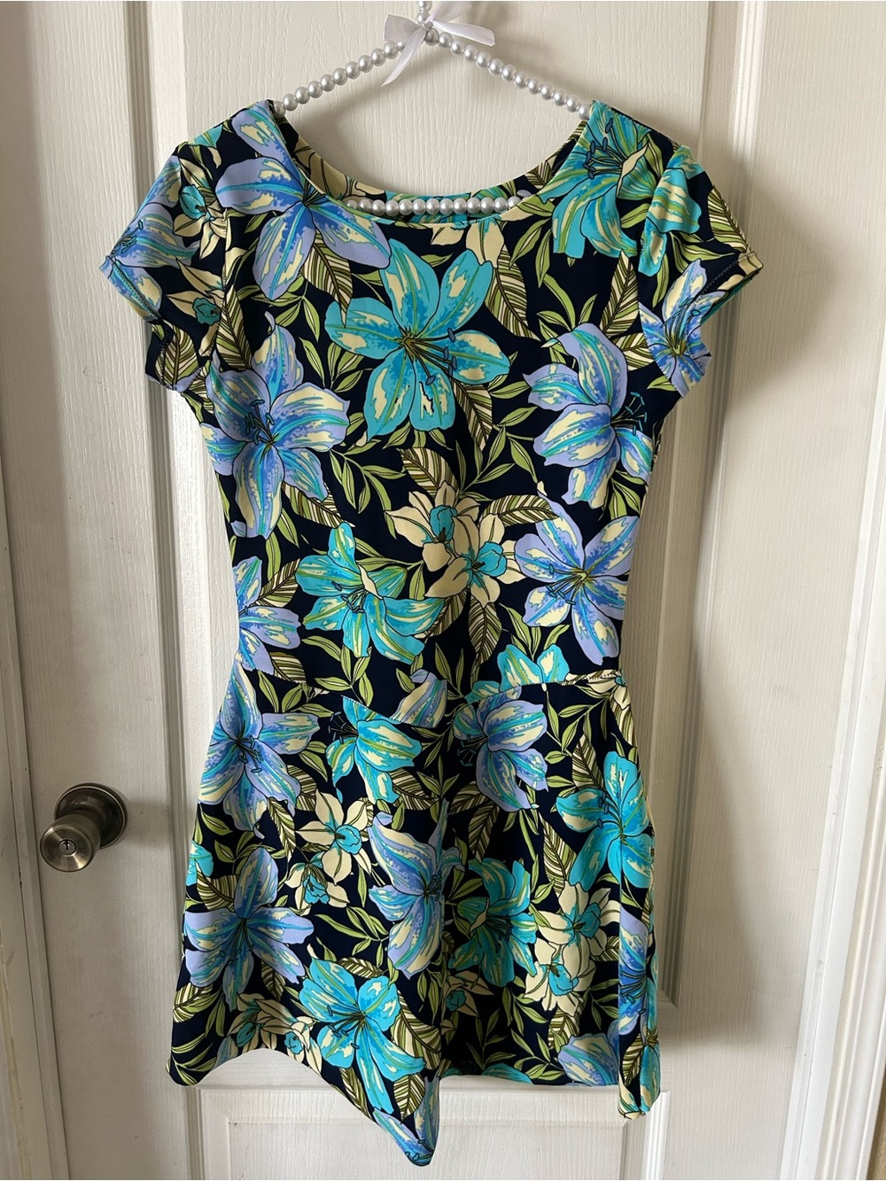 Handmade Black & Blue Tropical Floral Modest Swimsuit Two Piece Set Size M